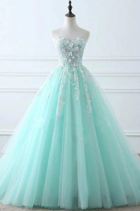 Prom Dresses,tiffany Blue Sweetheart Fluffy Tulle Prom Dress With Lace Applique Long Graduation Dress Celebrity Birthday Dress
