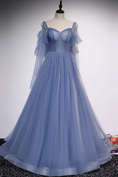 Prom Dresses,blue Tulle Sweetheart Long Prom Dresses Evening Beaded Formal Dresses Concert Dresses