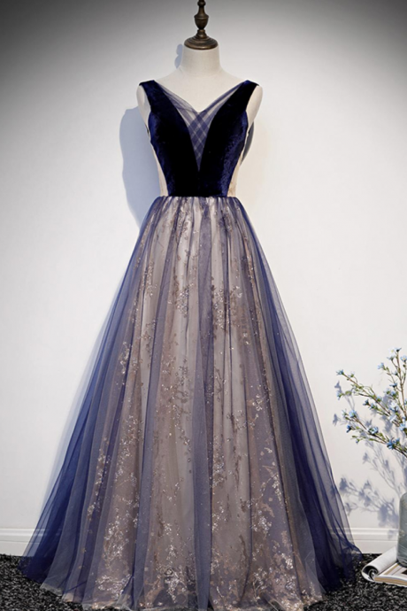 Prom Dresses,blue Velvet V-neck Tulle Long Prom Dresses Formal Dresses, Family Party Dresses