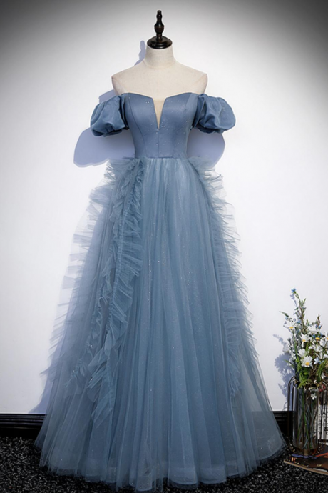 Prom Dresses,blue Satin Tulle Long Prom Dress Full Length Evening Gown