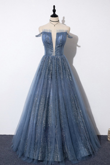 Prom Dresses,unique Blue Sequins Tulle Off Shoulder Long Prom Dress, Evening Dress