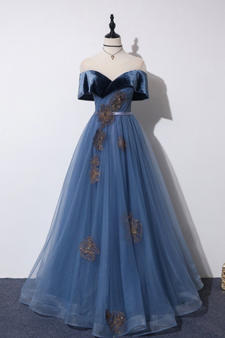 Prom Dresses,blue Tulle Lace Up Long A Line Prom Dress, Evening Dress With Applique