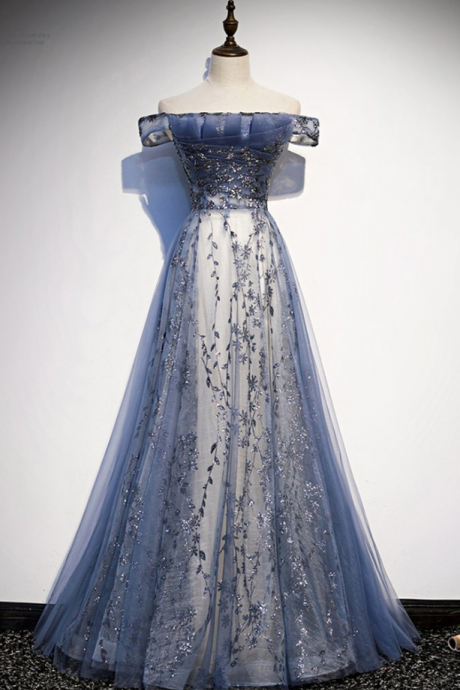 Prom Dresses,stunning Blue Tulle Off Shoulder A Line Long Prom Dress, Evening Dress