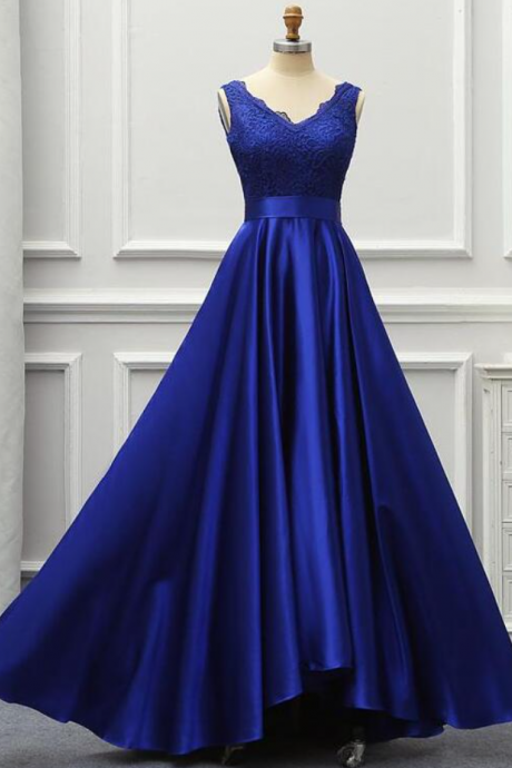 Prom Dresses,beautiful Blue Satin And Lace V-neck Gown, Bridesmaid Dress, Cocktail Party