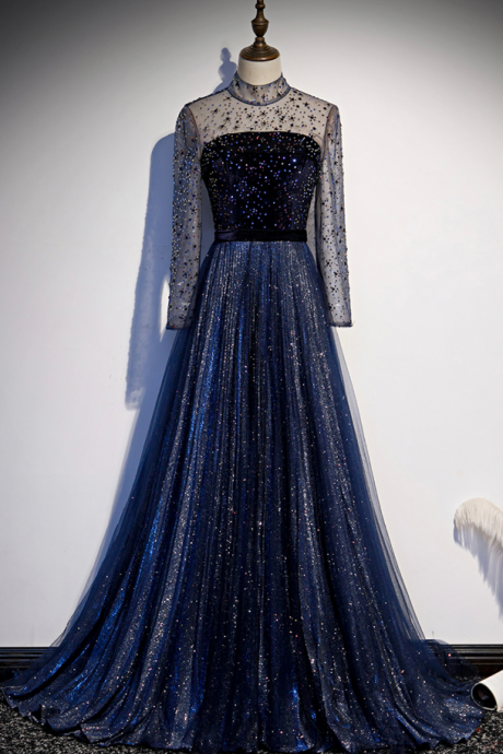 Prom Dresses,noble And Elegant Tulle Sequin Long Prom Dresses Blue Evening Dress