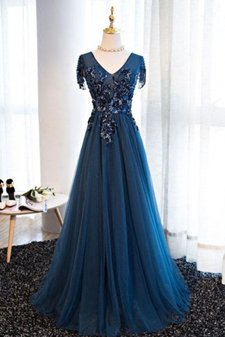 Prom Dresses,classical Elegant Navy Blue Tulle Applique Beaded Long A-line Dance Dress, Formal Dress