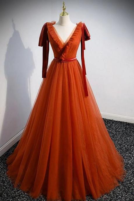 Prom Dresses,vibrant Orange V-neck Full-length Dinner Dress, A Gentle Sweet Dress With A Well-proportioned Body Shape