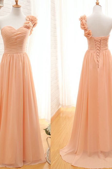 Prom Dresses,orange Single Shoulder Floral Applique Chiffon Bridesmaid Dresses Wedding Guest Dresses