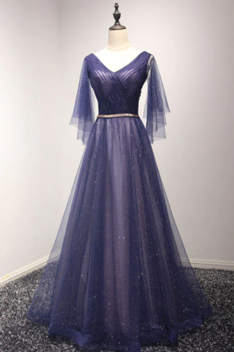 Prom Dresses,starlight Dotted Tulle Purple Long Evening Dress, Simple V-neck Purple Long Prom Dress