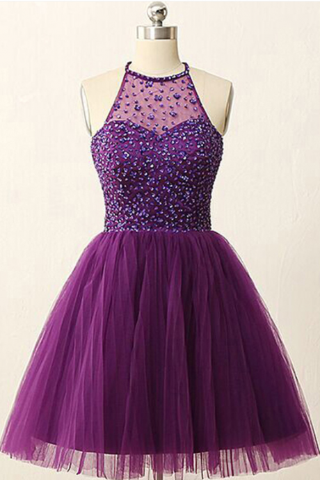 Homecoming Dresses,open Back Illusion Purple Prom Dress With Sequin Crystals Tulle Short Evening Dress Graduation Dress