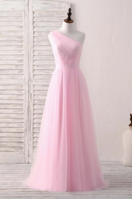 Prom Dresses,one Shoulder Tulle Pink Long Bridesmaid Dresses Dating Long Dresses Graduation Dresses