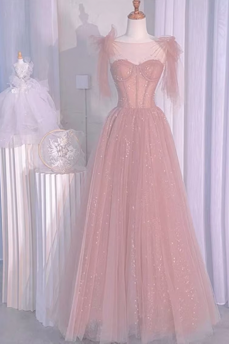 Prom Dresses,the Most Dazzling Sweetheart Princess Pink Tulle Straps Long Prom Dresses Youth Party Dresses
