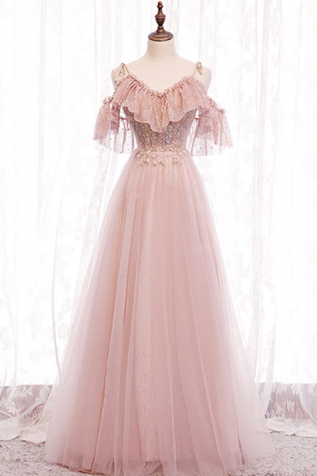Prom Dresses,sweet Girls Pink V-neck Tulle Lace Long Prom Dresses Pink Bridesmaid Dresses