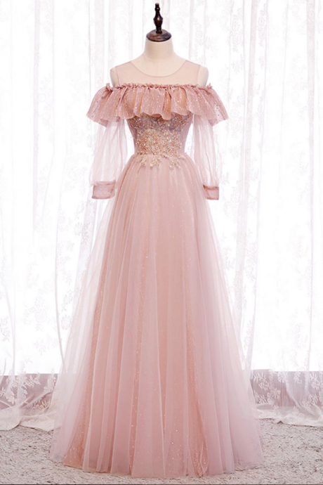 Prom Dresses,pale Sensual Pink Round Neck Tulle Lace Long Prom Dress Date Party Long Dress