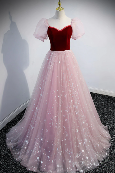 Prom Dresses,starry River Pink A-line Version Of The Tulle Long Dress, Evening Graduation Dress