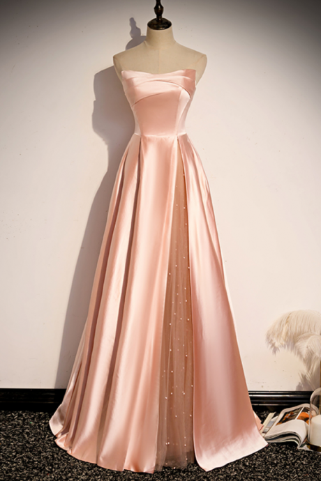 Prom Dresses,beautiful And Generous Pink Satin Long A-line Dance Dress Evening Dress