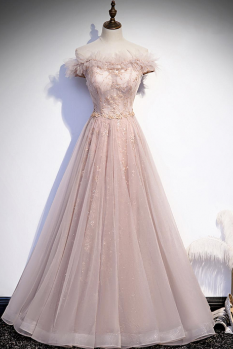 Prom Dresses,falling Generous Pink Tulle Sequin Long A-line Prom Dresses Evening Dress