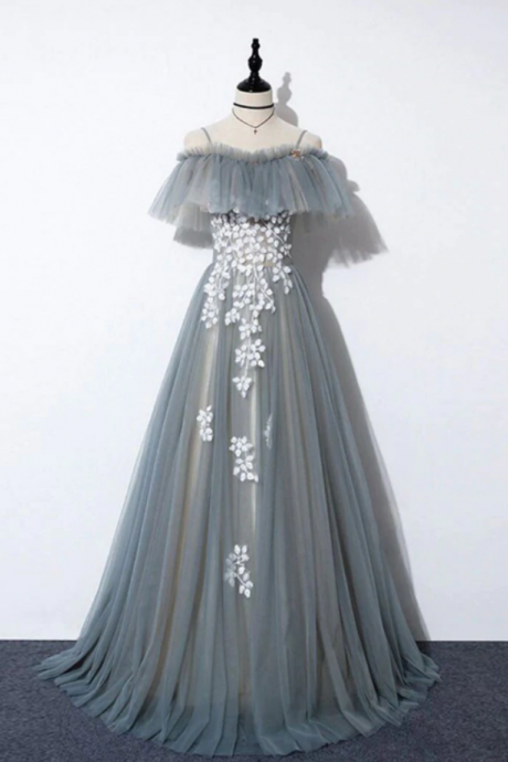 Prom Dresses,gray Strapless Straps Tulle With Lace Long Party Dresses Demure Generous Dinner Long Dress