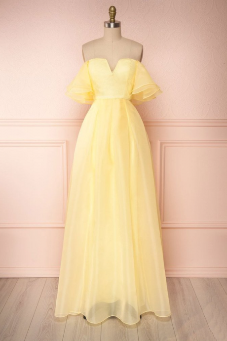 Prom Dresses,bright Yellow Tulle Strapless Gown Sweet Youth Prom Dress