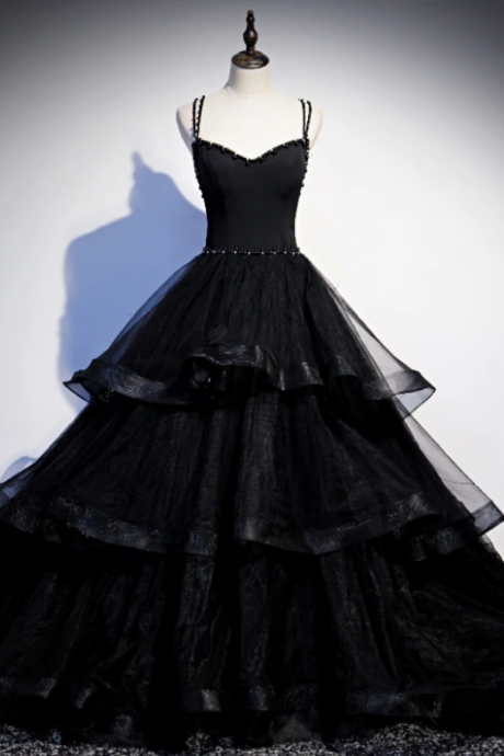 Prom Dresses,black Tulle Layers Straps Beaded Long Evening Dress Black Formal Dress Prom Dress