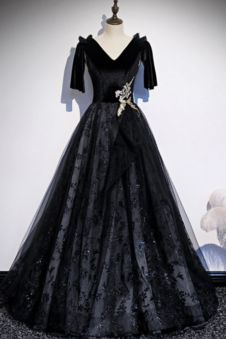 Prom Dresses,black Velvet Lace V-neck Short Sleeve Long Prom Dress Party Dress With Applique