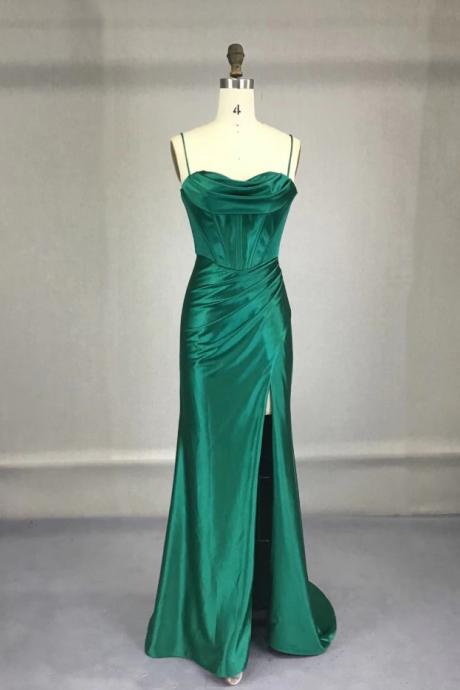 Prom Dresses,green Satin Strap Lace Long Evening Dress Green A-line Formal Dress