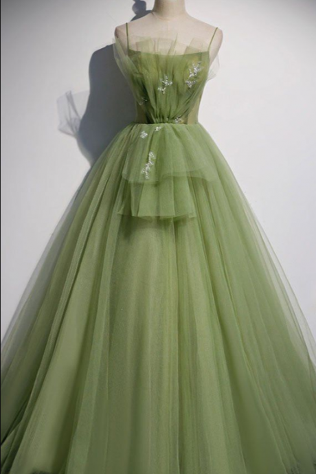 Prom Dresses, Full Length Green Good Mood Year Light Tulle Long Evening Dresses Green Tulle Formal Dresses