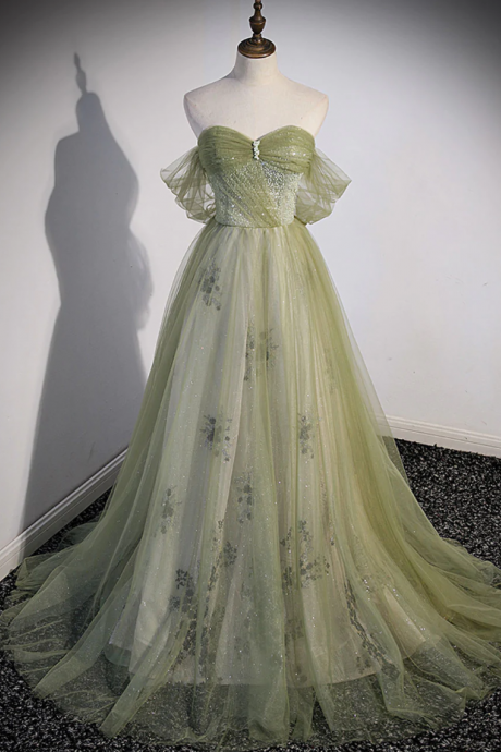 Prom Dresses,a Line Green Tulle With Beads Long Formal Evening Dress