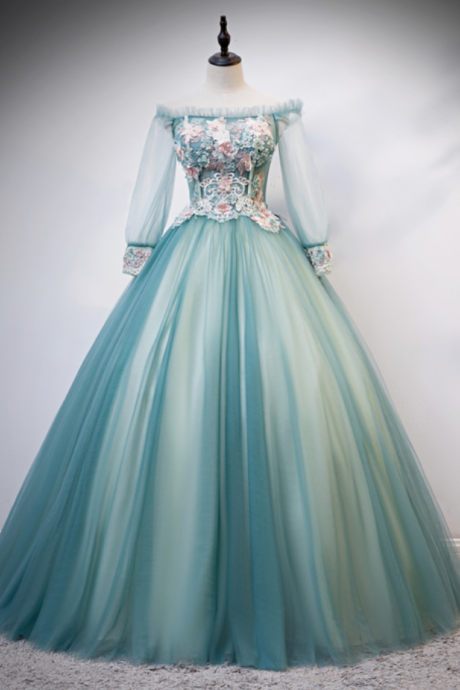 Prom Dresses,exquisite Court Style Green Applique Strapless Dinner Dress
