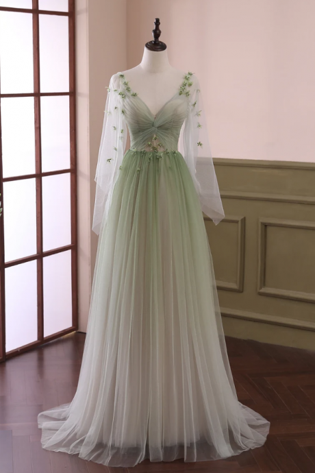 Prom Dresses,light Green Gradient Tulle Beaded Long Evening Dress Green Floor-length Formal Dress