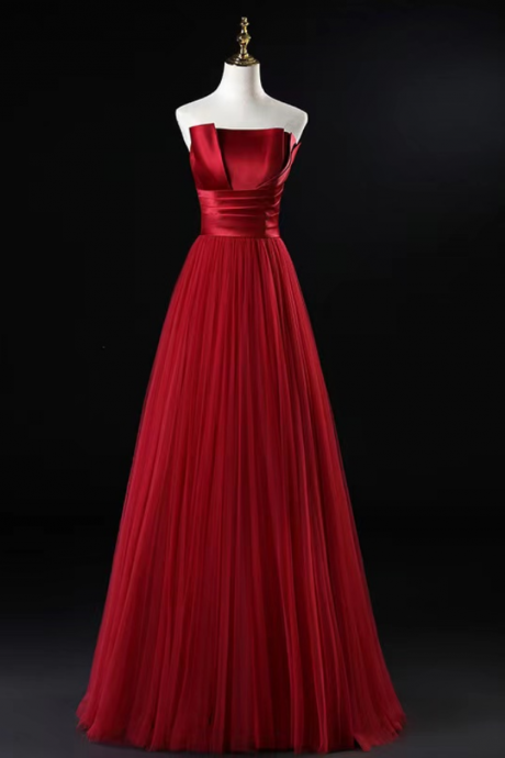 Prom Dresses,simple Version Of The Red High-waisted Strapless Long Party Evening Dress