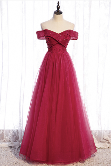 Prom Dresses,red Beading Tulle Beads Long Prom Dress Red Evening Dress