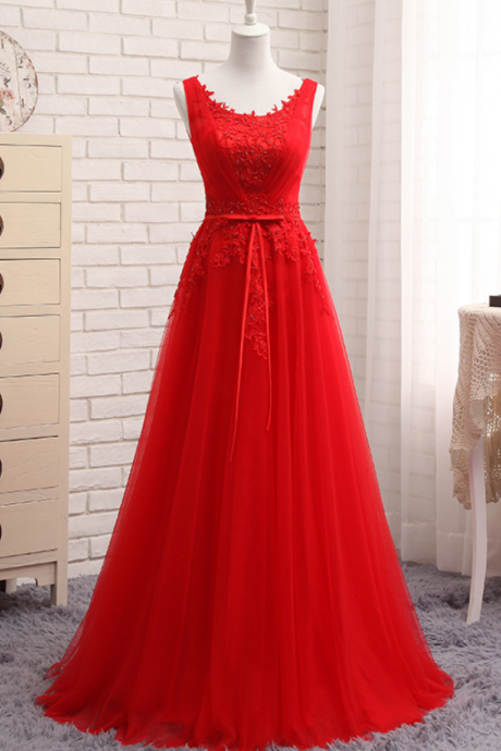Prom Dresses,red Lace Applique Tulle Long Formal Dress Graduation Dress