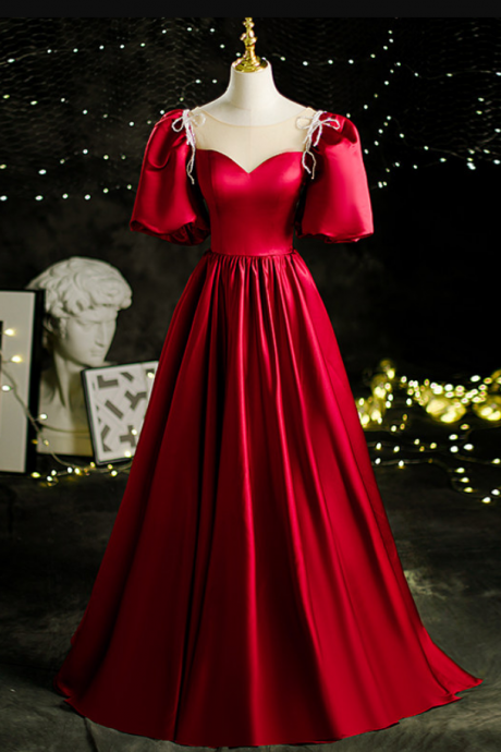 Prom Dresses,red Satin Princess Prom Dresses Long Short Sleeve Formal Evening Dresses Don&amp;#039;t Want To Describe It As