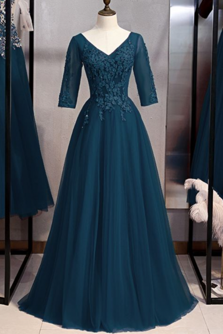 Prom Dresses,light Mature Sister Style Elegant Cyan Tulle Lace Evening Dress