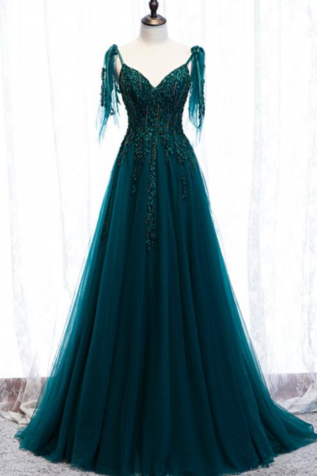 Prom Dresses,lovely A-line Shoulder Strap Tulle Teal Blue Long Party Dress A-line Formal Dress