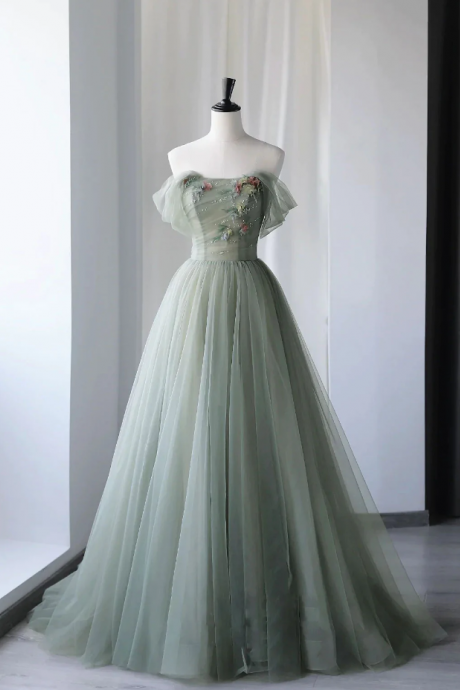 Prom Dresses,beautiful Light Green Tulle Long Party Dresses Floral Tulle Youth Dresses Formal