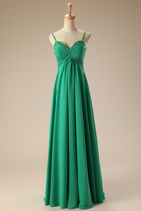 Prom Dresses,elegant Green Beaded Bridesmaid Dress Sweetheart Bandeau Chiffon Long Dress