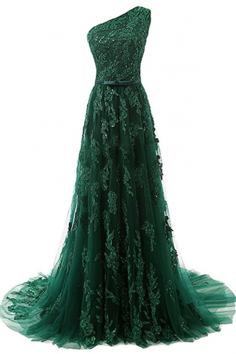 Prom Dresses,emerald Color One Shoulder Long Evening Dresses Appliqued Tulle Business Banquet Dresses