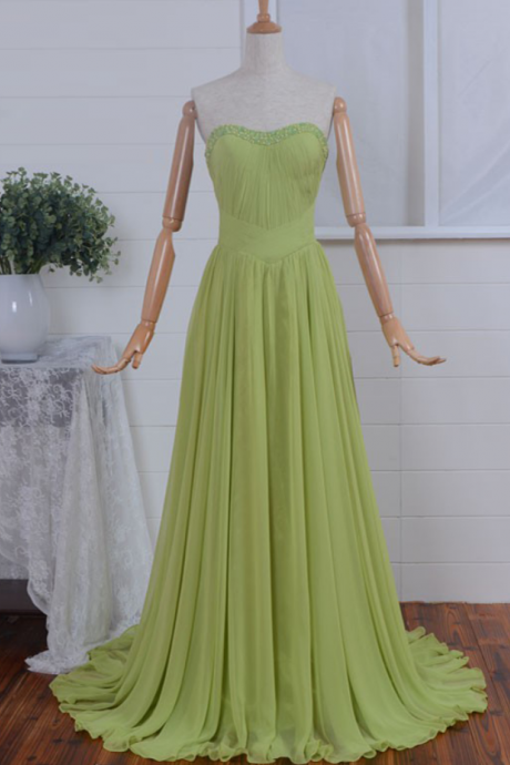Prom Dresses,green Floor Length Chiffon Formal Dresses Pleated Beaded Sweetheart Neckline Long Elegant Bridesmaid Dresses