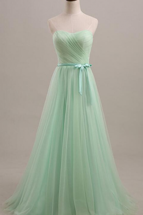 Prom Dresses,strapless Light Green Tulle Long Bridesmaid Dresses , Banquet Gowns And Floor Length Dresses