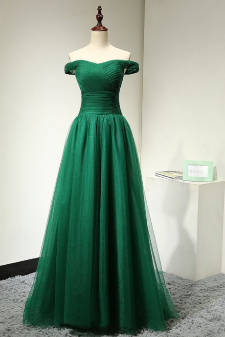 Prom Dresses,strapless Green Long Tulle A-line Evening Gowns, Shoulder Ruched Design Cocktail Dresses