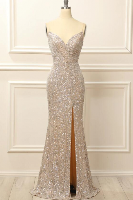 Prom Dresses,mermaid Style Silver Sequins Slit Long Gowns Stage Dresses That Highlight Your Good Figure