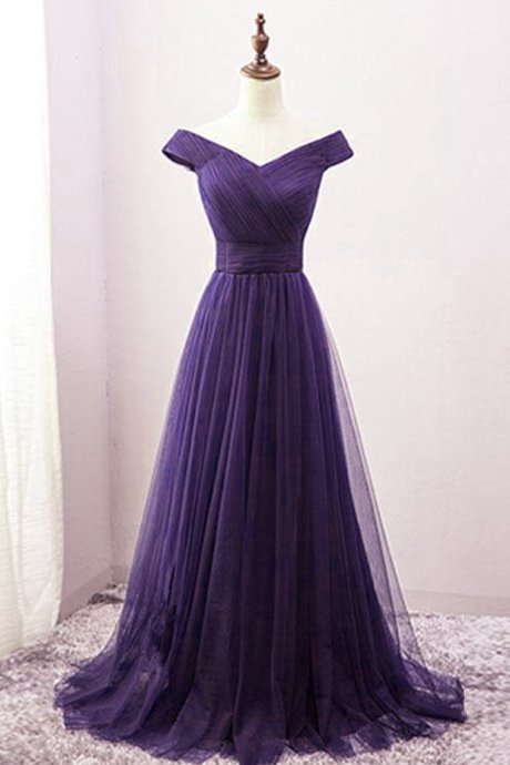Prom Dresses,long Purple A-line Strapless Gowns Tulle Bridesmaid Dresses Wedding Guest Dresses