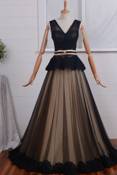 Prom Dresses,black V Neck Tulle Appliqued Dresses Wedding Party Guest Dresses