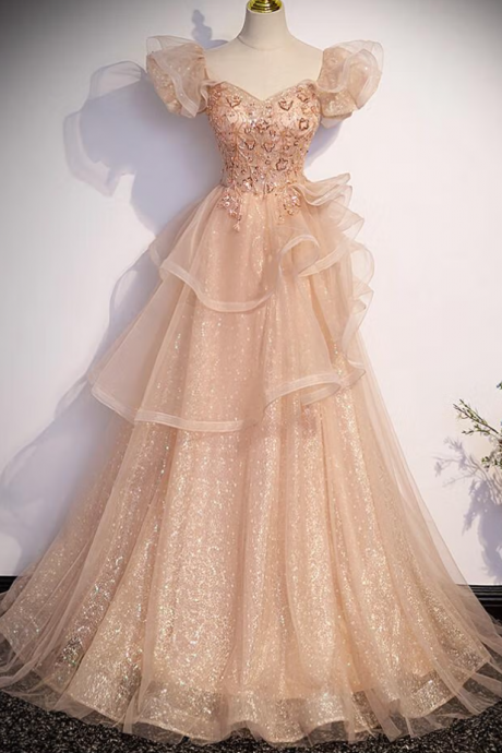 Prom Dresses,champagne Short Sleeve French Temperament Type Evening Dress