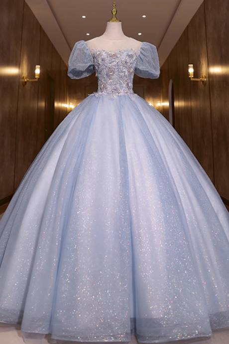 Prom Dresses,blue Bubble Sleeve Birthday Party Dresses Sweetheart Princess Puffy Dresses
