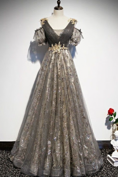 Prom Dresses,fashion V-neck Shoulder Bubble Sleeve Gray Long Princess Dresses Elegant Tulle Banquet Gowns