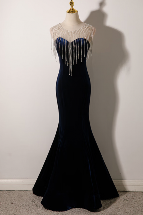Prom Dresses,blue Velvet Evening Gowns Light Luxury Temperament Goddess Fishtail Dresses