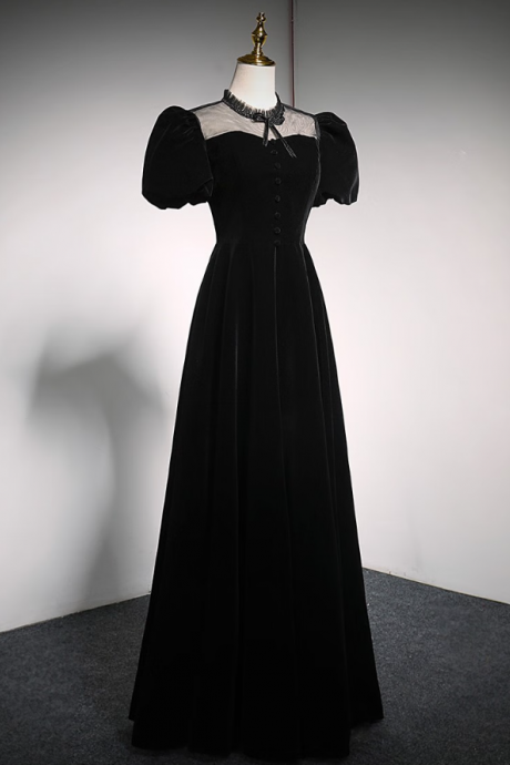 Prom Dresses,vintage Velvet Black Banquet Evening Gowns Black Bubble Sleeve Long Birthday Dresses Fairy Dresses
